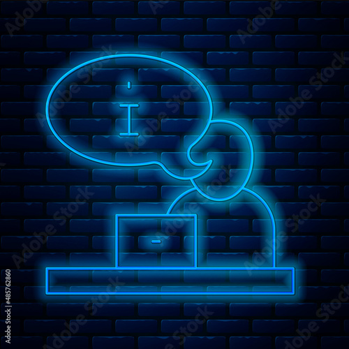 Glowing neon line Television report icon isolated on brick wall background. TV news. Vector