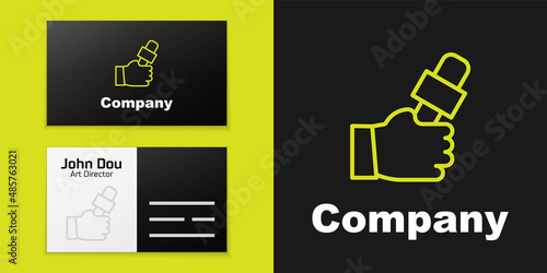 Logotype line Journalist hand holding microphones performing interview icon isolated on black background. Logo design template element. Vector