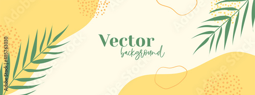 Minimal long vector banner. Abstract organic floral summer background with palm leaves and copy space for text. Facebook cover template