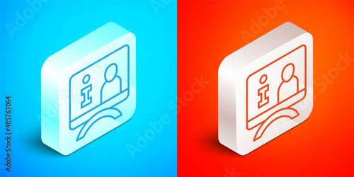 Isometric line Television report icon isolated on blue and red background. TV news. Silver square button. Vector