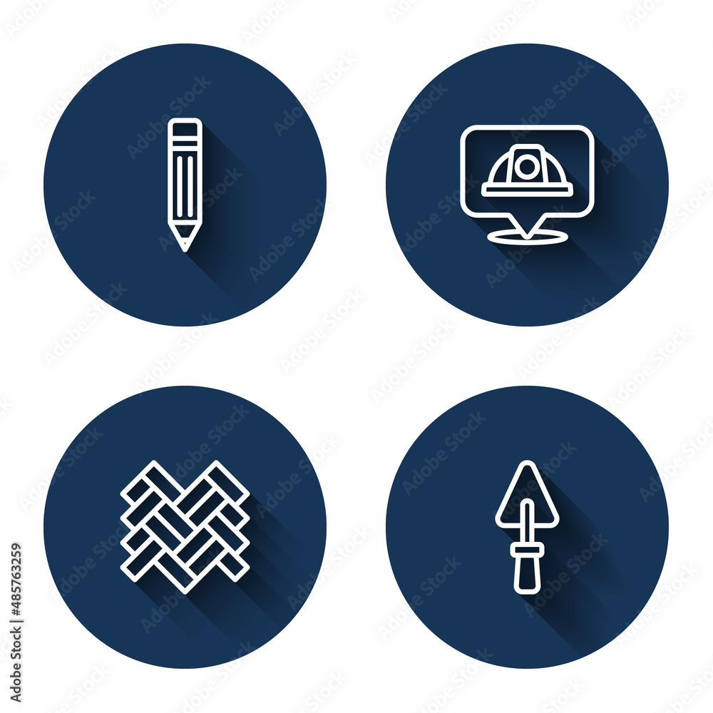 Set line Pencil with eraser, Worker safety helmet, Parquet and Trowel with long shadow. Blue circle button. Vector Set line Pencil with eraser, Worker safety helmet, Parquet and Trowel with long shadow. Blue circle button. Vector