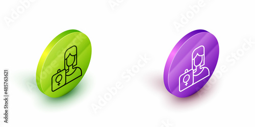 Isometric line Female movement, feminist activist with banner and placards icon isolated on white background. Feminist rights movement, feminism sisterhood. Green and purple circle buttons. Vector