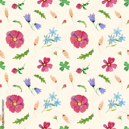 Wildflowers watercolor seamless pattern. Cosmos flowers, ears, chamomile, bells and leaves.
