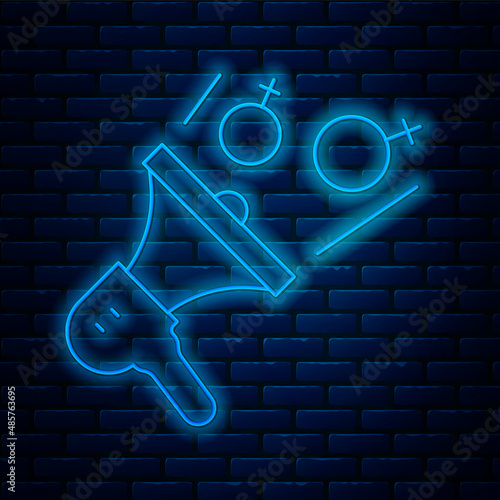 Glowing neon line Female movement, feminist activist with banner and placards icon isolated on brick wall background. Feminist rights movement, feminism sisterhood. Vector