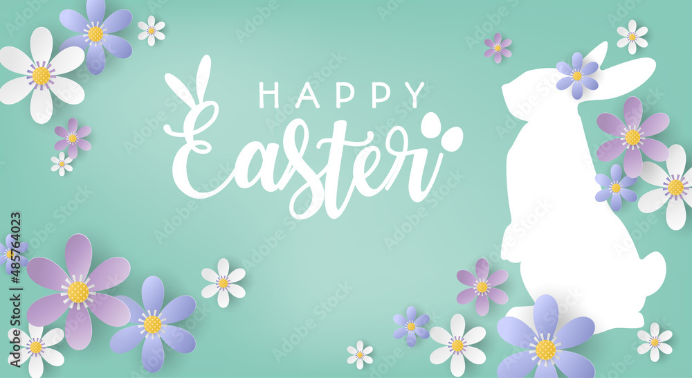 Cute festive horizontal banner of bunny and flowers on green background with Happy Easter text. Holiday childish template for greeting, promotion and shopping template.