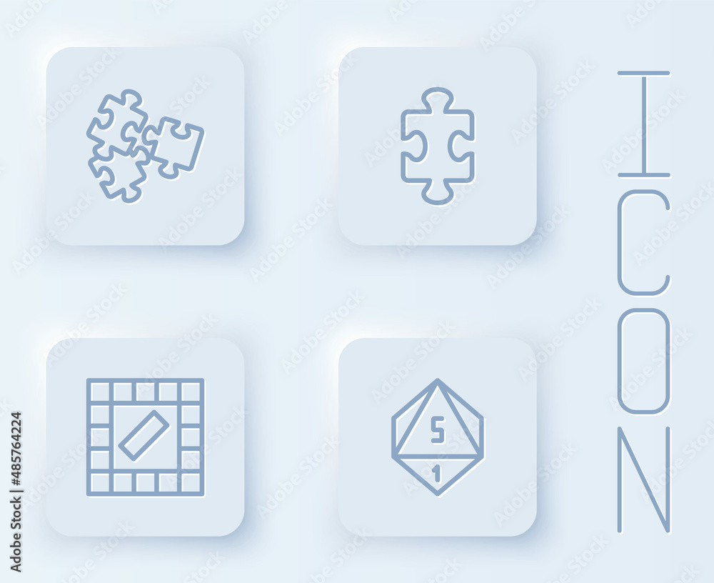Set line Puzzle pieces toy, Board game and Game dice. White square button. Vector Set line Puzzle pieces toy, Board game and Game dice. White square button. Vector