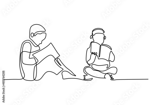 One continuous single line of two little boys reading book isolated on white background.