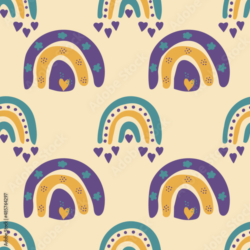 Seamless pattern with rainbows in retro style. Retro Positive. Modern print for fabric, textiles, wrapping paper. Vector illustration