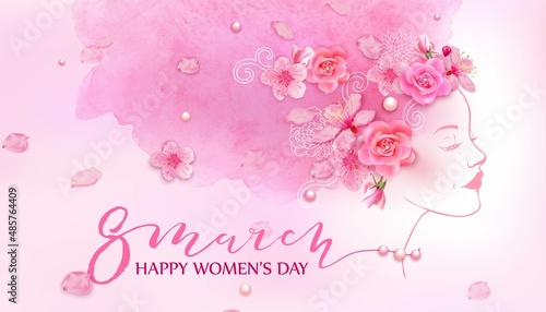 8 march art. Woman face with flowers background.