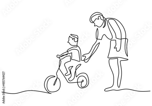 One continuous single line of father accompany his son playing bicycle isolated on white background.