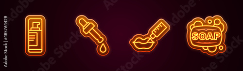 Set line Shaving gel foam, Pipette with oil, Lip augmentation and Bar of soap. Glowing neon icon. Vector