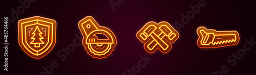 Set line Shield with tree, Electric circular saw, Crossed hammer and Hand. Glowing neon icon. Vector