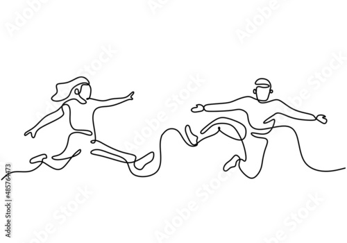 One continuous single line of two happy man and girl jumping together isolated on white background.