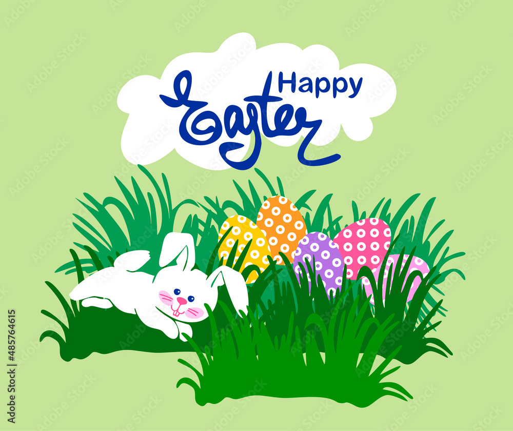 Happy Easter template with colored eggs in the grass and an Easter bunny. Vector illustration. Design layout of invitations, postcards, menus, flyers, banners, posters.