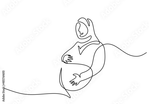 One continuous single line of pregnant hijab girl woman isolated on white background.