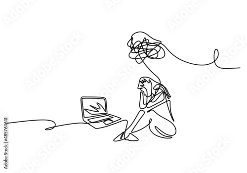 One continuous single line of sad woman sitting in front laptop isolated on white background.