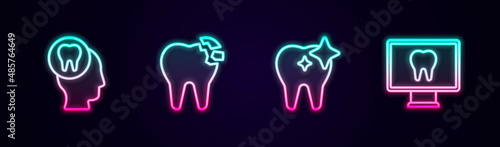 Set line Toothache, Broken tooth, whitening and Online dental care. Glowing neon icon. Vector