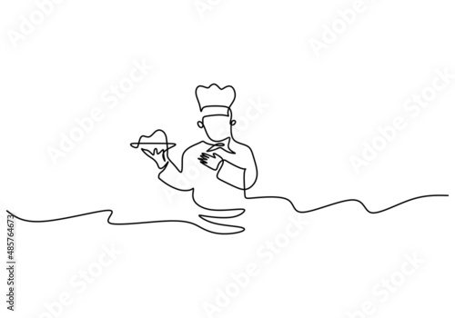 One continuous single line of chef prepare to serve food isolated on white background.