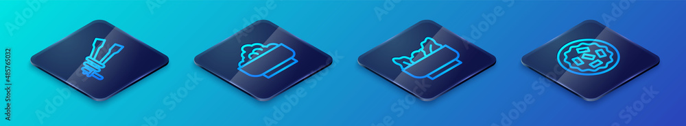 Set Isometric line Wonton, Food chopsticks with noodles, Homemade pie and Rice in bowl icon. Vector Set Isometric line Wonton, Food chopsticks with noodles, Homemade pie and Rice in bowl icon. Vector
