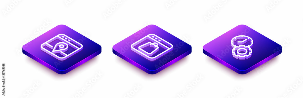 Set Isometric line Infographic of city map, Online shopping on screen and Time management icon. Vector Set Isometric line Infographic of city map, Online shopping on screen and Time management icon. Vector