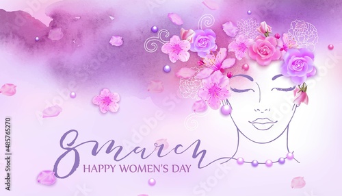 8 march art. Woman face with flowers background.