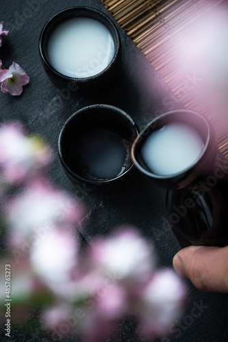 Japanese rice sake ceremony ceramic tableware on dark background with cherry blossoms