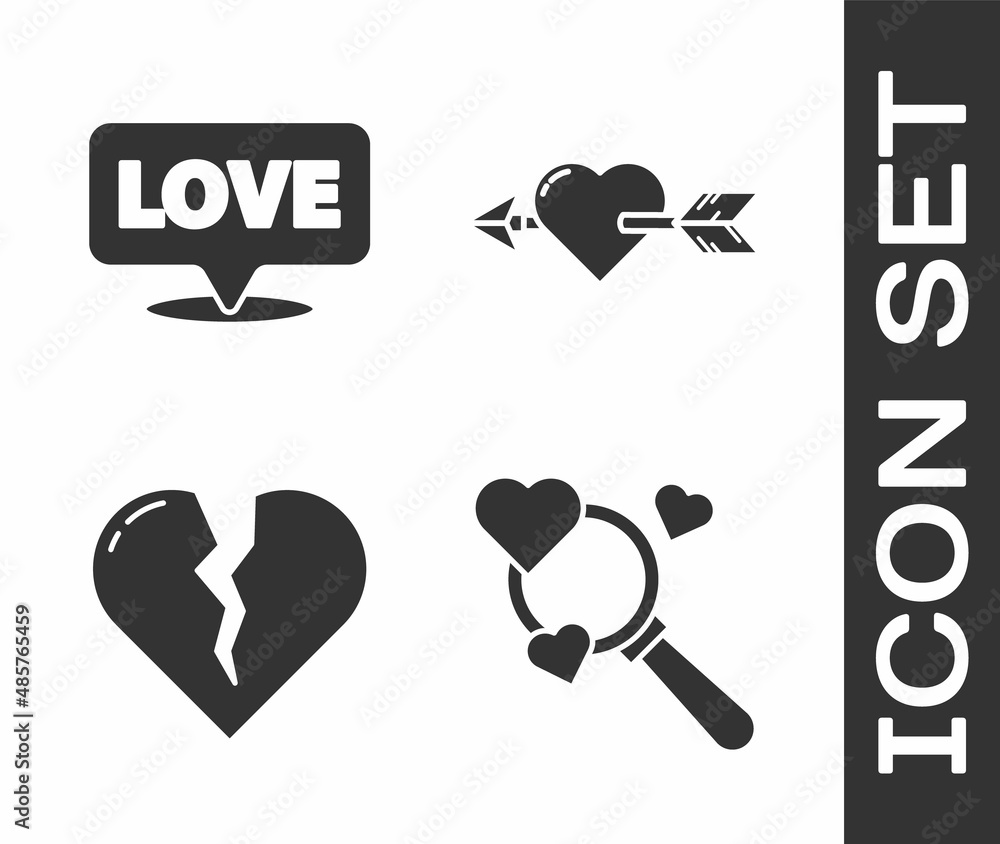 Set Search heart and love, Speech bubble with text love, Broken heart or divorce and Amour with heart and arrow icon. Vector Set Search heart and love, Speech bubble with text love, Broken heart or divorce and Amour with heart and arrow icon. Vector