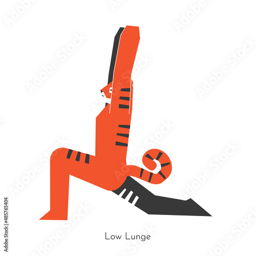 Vector isolated concept with cartoon animal character learning yoga practice - Anjaneyasana . Asian tiger does Low lunge pose. Geometric illustration of stretching exercise with standing on knee