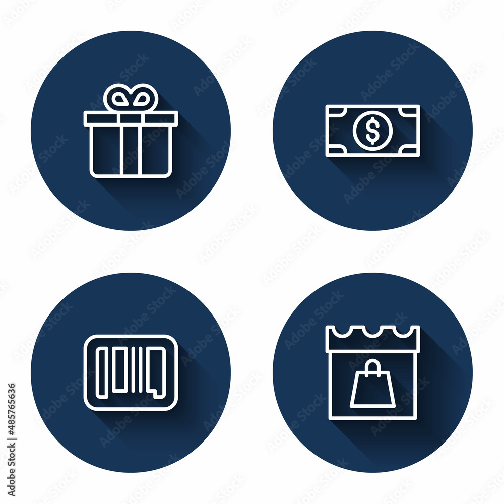 Set line Gift box, Stacks paper money cash, Barcode and Shopping day with long shadow. Blue circle button. Vector Set line Gift box, Stacks paper money cash, Barcode and Shopping day with long shadow. Blue circle button. Vector