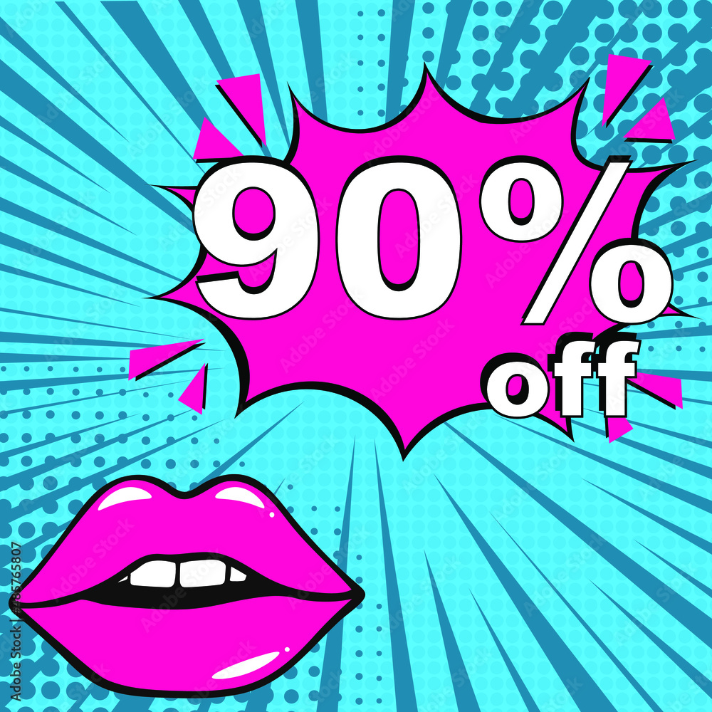 Fototapeta premium Pop art comic sale discount promotion banner. 90 percent off. Comic text 90 percent sale set discount. Promo sale poster. Sales concept