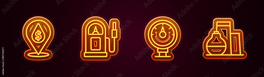 Set line Oil drop with dollar symbol, Petrol or gas station, Motor gauge and tank storage. Glowing neon icon. Vector Set line Oil drop with dollar symbol, Petrol or gas station, Motor gauge and tank storage. Glowing neon icon. Vector
