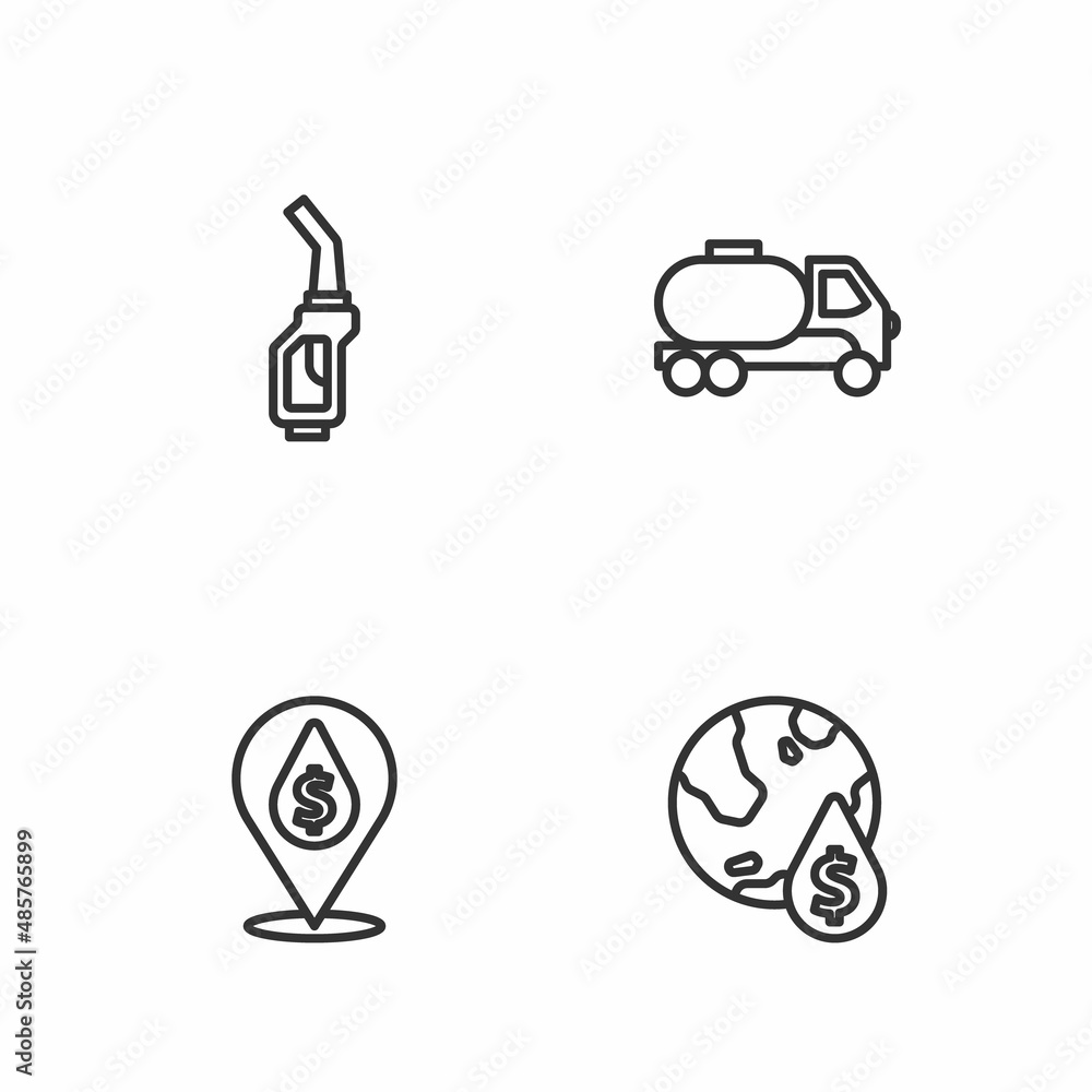 Set line Oil drop with dollar symbol, Gasoline pump nozzle and Tanker truck icon. Vector Set line Oil drop with dollar symbol, Gasoline pump nozzle and Tanker truck icon. Vector