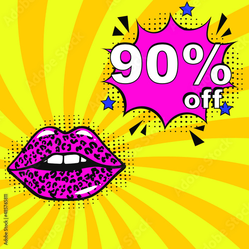 Pop art comic sale discount promotion banner. 90 percent off. Comic text 90 percent sale set discount. Promo sale poster. Sales concept