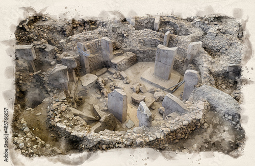 Gobekli Tepe in Sanliurfa  Turkey in watercolor illustration style. The Ancient Site of Gobeklitepe is The Oldest Temple of the World