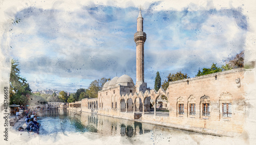 Balikligol (The Fish Lake) in Sanliurfa, Turkey. The Pool of Abraham or Pool of Sacred Fish. Watercolor illustration 