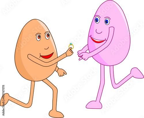 Romantic egg cartoon on knees with a ring in his hand proposing his valentine on the propose day. Vector Illustration. 