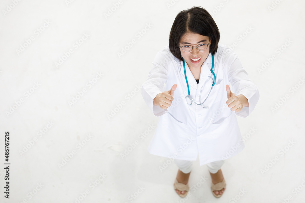 Top view Portrait studio isolated cutout closeup shot of Asian professional successful female doctor in lab coat with stethoscope smiling look at camera on white background Top view Portrait studio isolated cutout closeup shot of Asian professional successful female doctor in lab coat with stethoscope smiling look at camera on white background