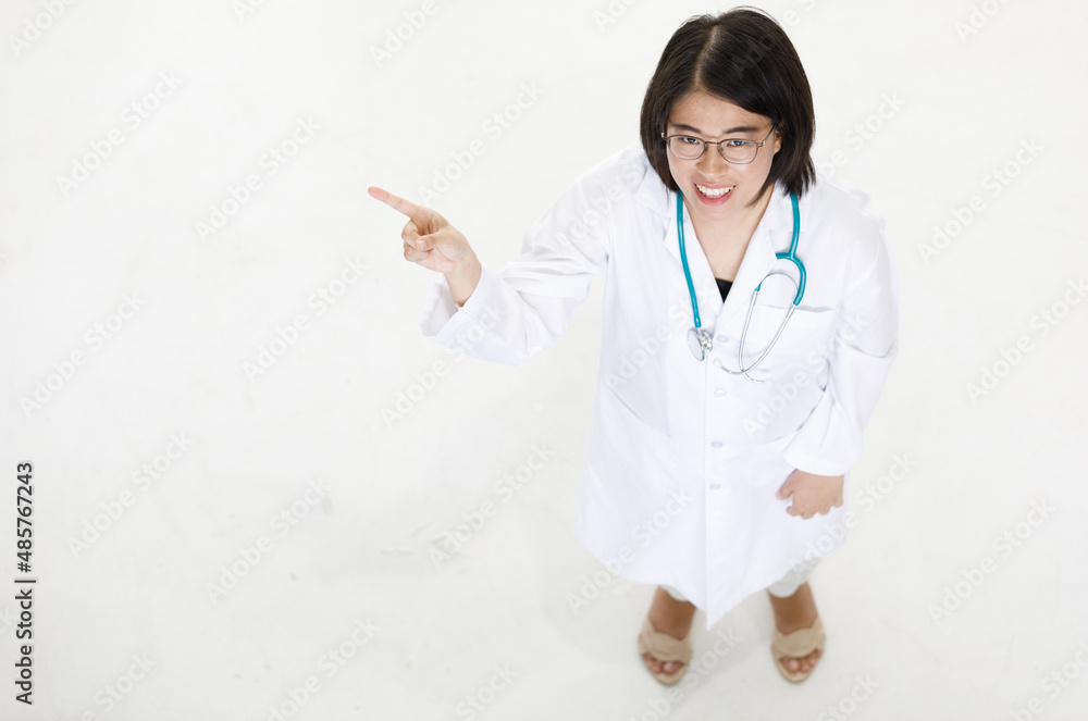 Top view Portrait studio isolated cutout closeup shot of Asian professional successful female doctor in lab coat with stethoscope smiling look at camera on white background Top view Portrait studio isolated cutout closeup shot of Asian professional successful female doctor in lab coat with stethoscope smiling look at camera on white background