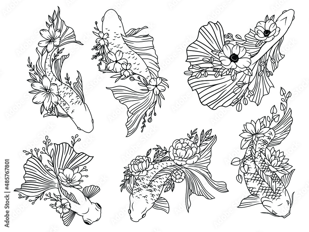 Naklejka premium Set of flower koi carps. Сollection of silhouettes of Asian ornamental fish with flower wreath. Top view of fish. Vector illustration for decorative fishing.