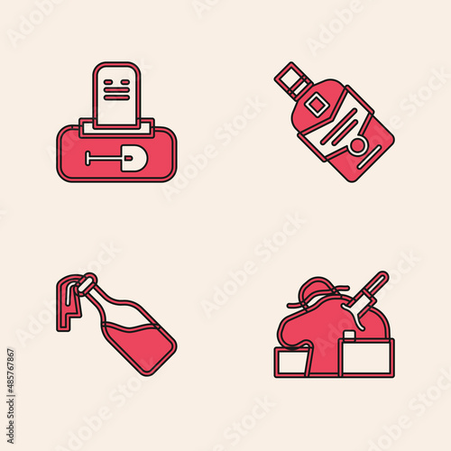 Set Murder, Grave with tombstone, Whiskey bottle and Cocktail molotov icon. Vector