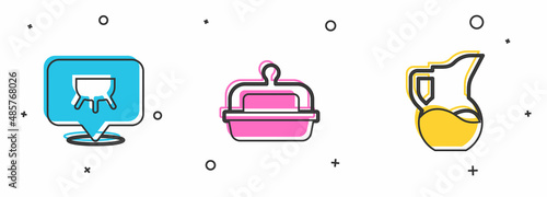 Set Udder, Butter in a butter dish and Milk jug or pitcher icon. Vector