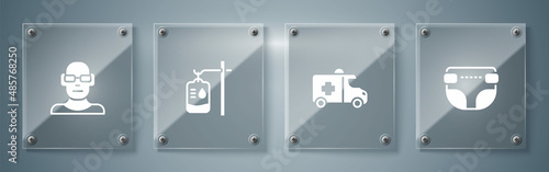 Set Adult diaper, Emergency car, IV bag and Poor eyesight. Square glass panels. Vector