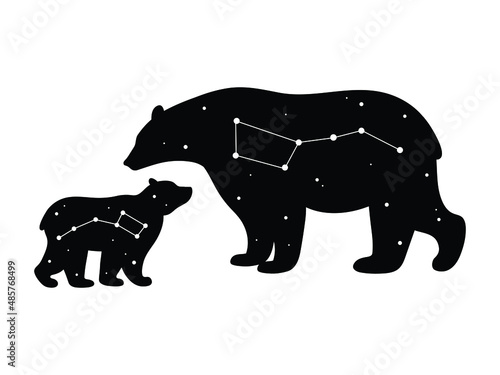 Illustration of ursa major and minor bear. Сelestial animal. Constellation sign on an animal. Mama bear with baby. Polar bear with star sky. photo