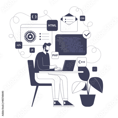 Male programmer works on project, creates software, programs in html, php and other languages, codes and tests code. Business in IT industry. Vector graphic illustration isolated with character design