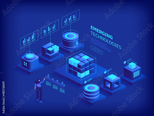 Emerging technologies and Digital innovation concept. Blockchain and cryptocurrency. Big data analysis and global database. Abstract futuristic cubes shapes. Vector illustration in isometry design