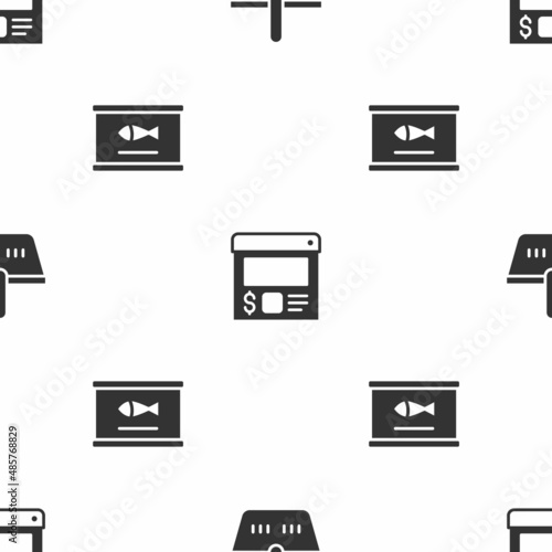 Set Shopping basket, Online ordering and delivery and Canned fish on seamless pattern. Vector