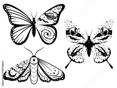 Set of galaxy butterflies. Collection of stylized flying space butterflies and moth. Mystical beetle. Tattoo. Vector illustrations of beautiful silhouettes of cosmic butterfly. Insects with planets. 