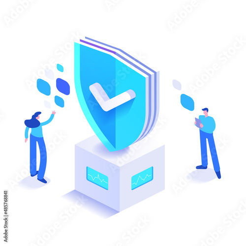 Cyber security and personal data protection. People work in security system. Antivirus program, protection hacker attacks. Verification and authentication users. Vector illustration in isometric view