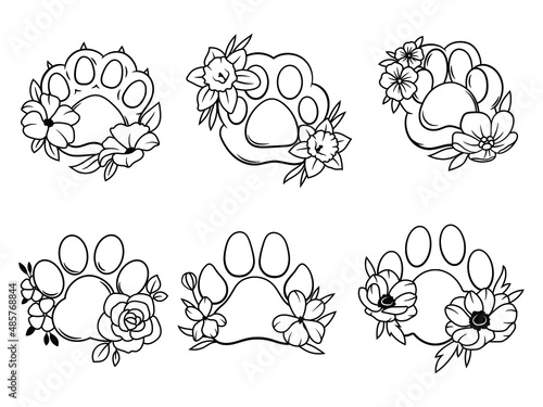Set of floral animal paws. Collection of cartoon footprints of pet kitty, dog, etc. Vector illustration of pet paws. Love for animals. Tattoo.