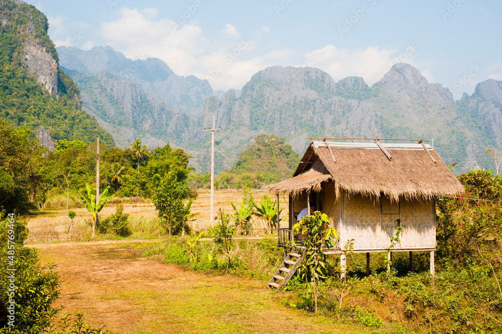 Bamboo Huts in Vang Vieng, Laos, Southeast Asia Bamboo Huts in Vang Vieng, Laos, Southeast Asia